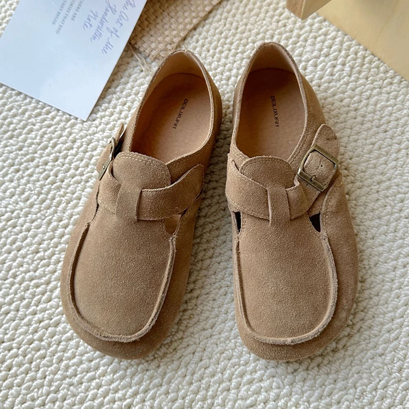 

2023 Flats Shoes For Women Mori Girl Style Shoes Woman High Quality Retro Flat Shoes Ladies Buckle Slip On Shoes Cow Suede