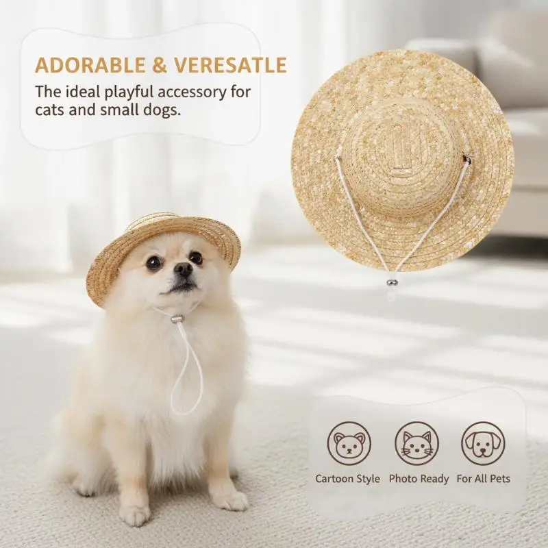 Cute Pet Straw Hat UV Protection Adjustable Chin Strap Breathable Lightweight Sun Cap for Small Cats Dogs Beach Travel Use