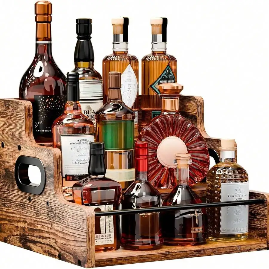 Solid Wood Liquor Bottle Display Shelf, Coffee Syrup Rack Organizer, 3 Step Countertop Liquor Wine Rack, Mini Bar, Liquor Cabine
