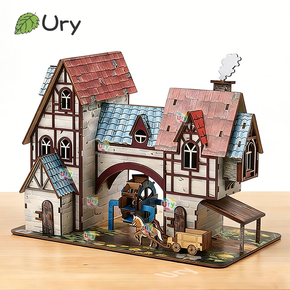 

URY 3D Wooden Puzzle Colorful Medieval Village Chalets House Assembly Retro Toy for Kids Adult DIY Model Kits Decoration Gifts