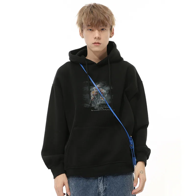 SYUHGFA Vintage Men's Hoodies Casual Floral Priting Hooded Drawstring Tops Loose Big Pockets New Trend Male Sweatshirts Tide