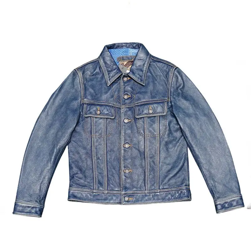 Knight Blue Denim Leather Jacket Youth Fashion Short Style Single Button Closure Casual Coat for Men with Multiple Pockets
