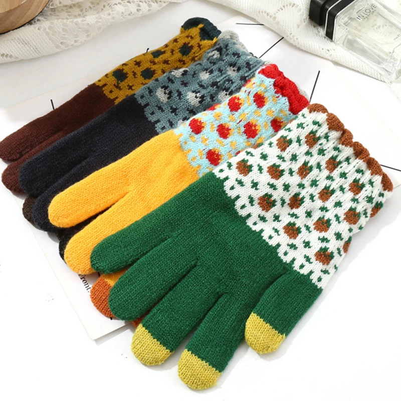 Gants en tricot coupe-vent à imprimé floral pour femmes, doigt complet, écran tactile, gants de cyclisme créatifs