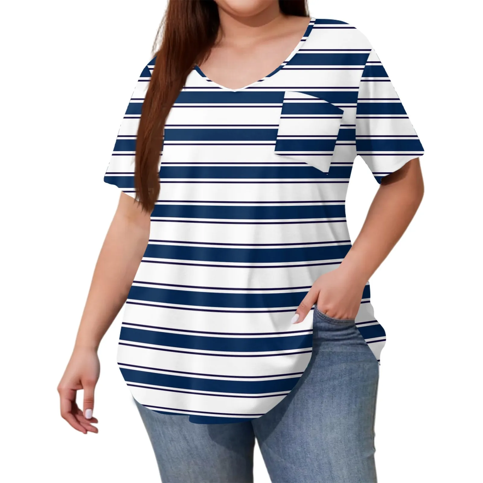 

Повседневная полосатая футболка больших размеров для женщин с v-образным вырезом и короткими рукавами Свободные топы с карманами Летний повседневный повседневный женский топ больших размеров