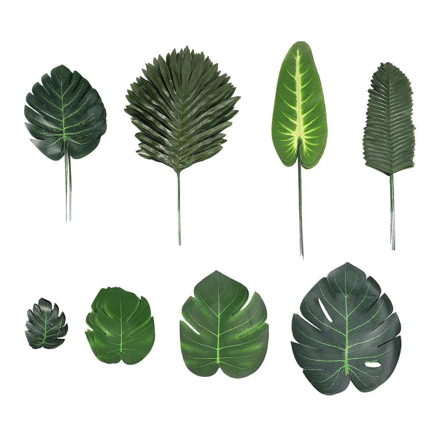 Hojas de Monstera de la selva, hojas artificiales de Palma con tallo falso, 8 tipos, decoraciones tropicales para fiestas, 68 piezas