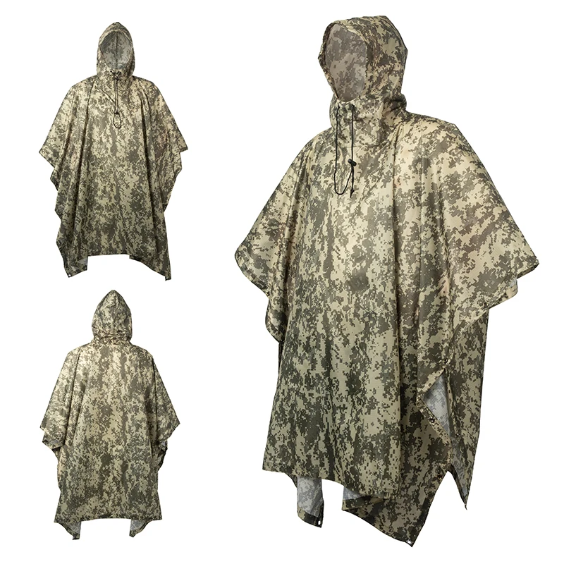 Camo PonchoOutdoor Hooded Breathable Rainwear Army Tactical Raincoat Camping Hiking Hunting Birdwatching Suit Travel Rain Gears