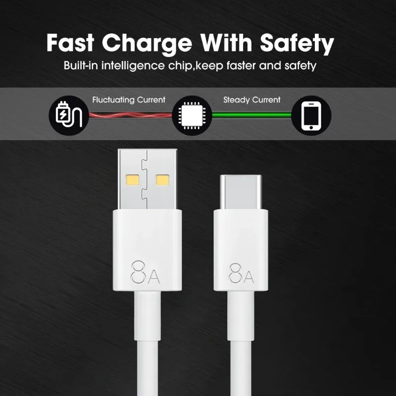 كابلات USB A إلى Type-C 1/1.5/2 متر لـ OPPO Reno10 9 8 Pro 88 واط كابل شاحن سريع USB C 8A سلك شحن سريع لهاتف Xiaomi Huawei