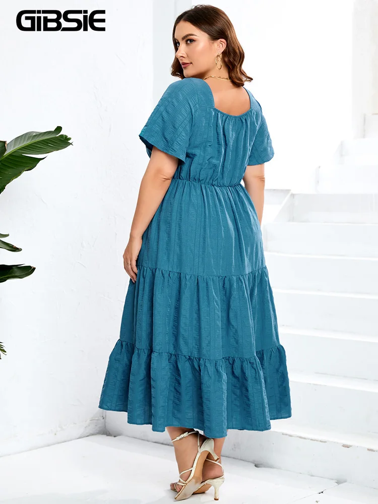 GIBSIE Plus Size Sweetheart Neck Knot Front Solid Ruffle Hem Dress Women Casual Vacation Pockets Summer Sweet Long Dresses 2023