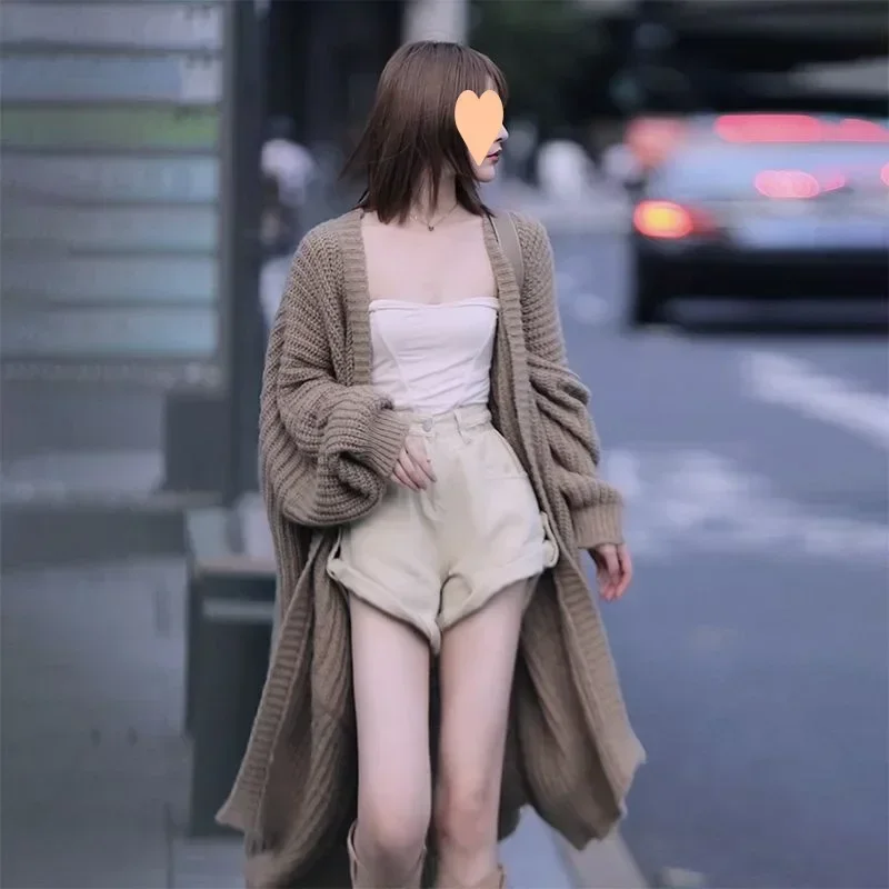 2024 autumn/winter women's lazy style mid length over knee sweater, loose and versatile long sleeved knitted cardigan