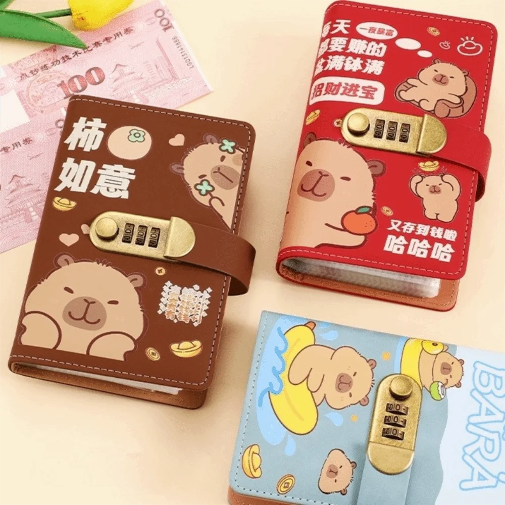 

Cartoon Capybara Saving Money Binder PU Leather 100 Sheets Budget Binder with Lock with Password Lock A6 Account Book