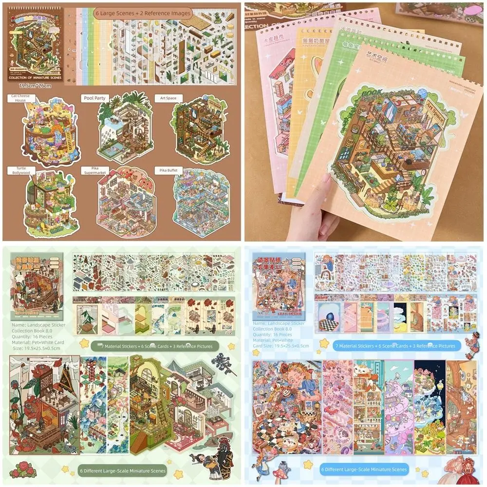 

New PET Miniature Scene Collection Cartoon Visual Stacking Landscape Sticker Book DIY 3D 3D Pocket Cabin Scene Stickers