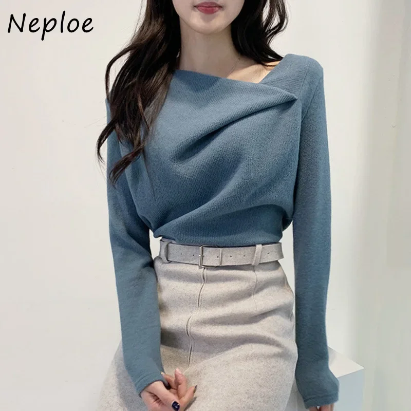 Neploe Skew Collar maglione lavorato a maglia irregolare donna Chic autunno inverno elegante pullover Femme tinta unita semplici top All-match