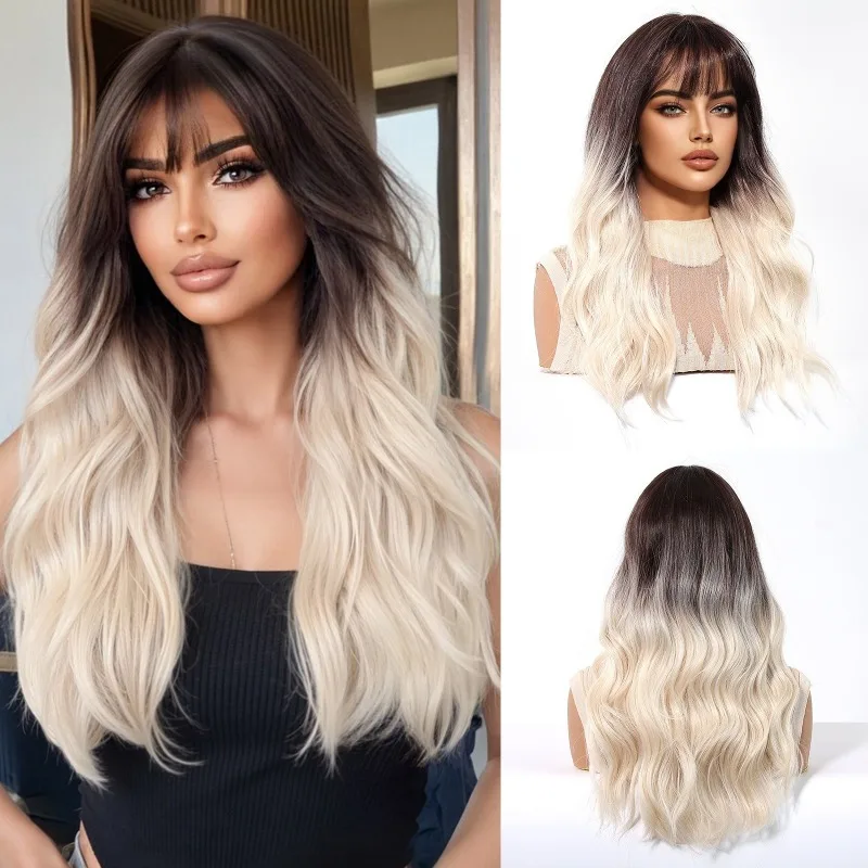 

Air Bangs, Big Waves, Long Curly Hair, Gradient Brown, Black Brown Wig, Female,Natural Hair for Cosplay Parties, Daily Wear