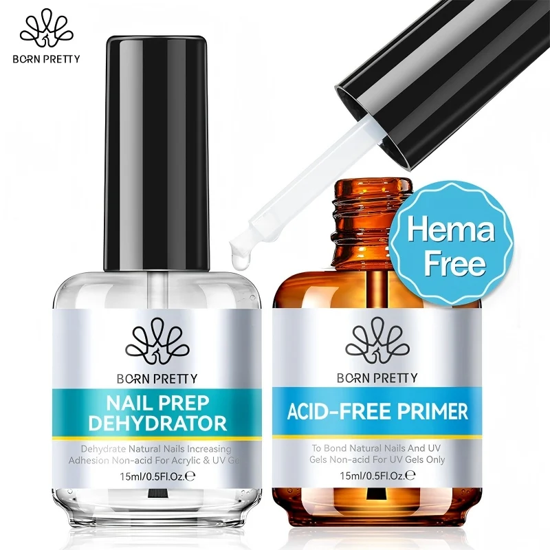 

BORN PRETTY 2PCS Natural Nail Prep Dehydrate and Bond-Primer Acid-Free Set 15ml Dehydrator for Acrylic and Gel Nail Polish