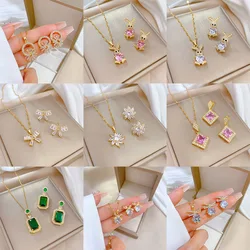 Light Luxury Zircon Bow Square Jewelry Set Stainless Steel Geometric Pendant Necklace Earrings Party Gifts For Women Girls
