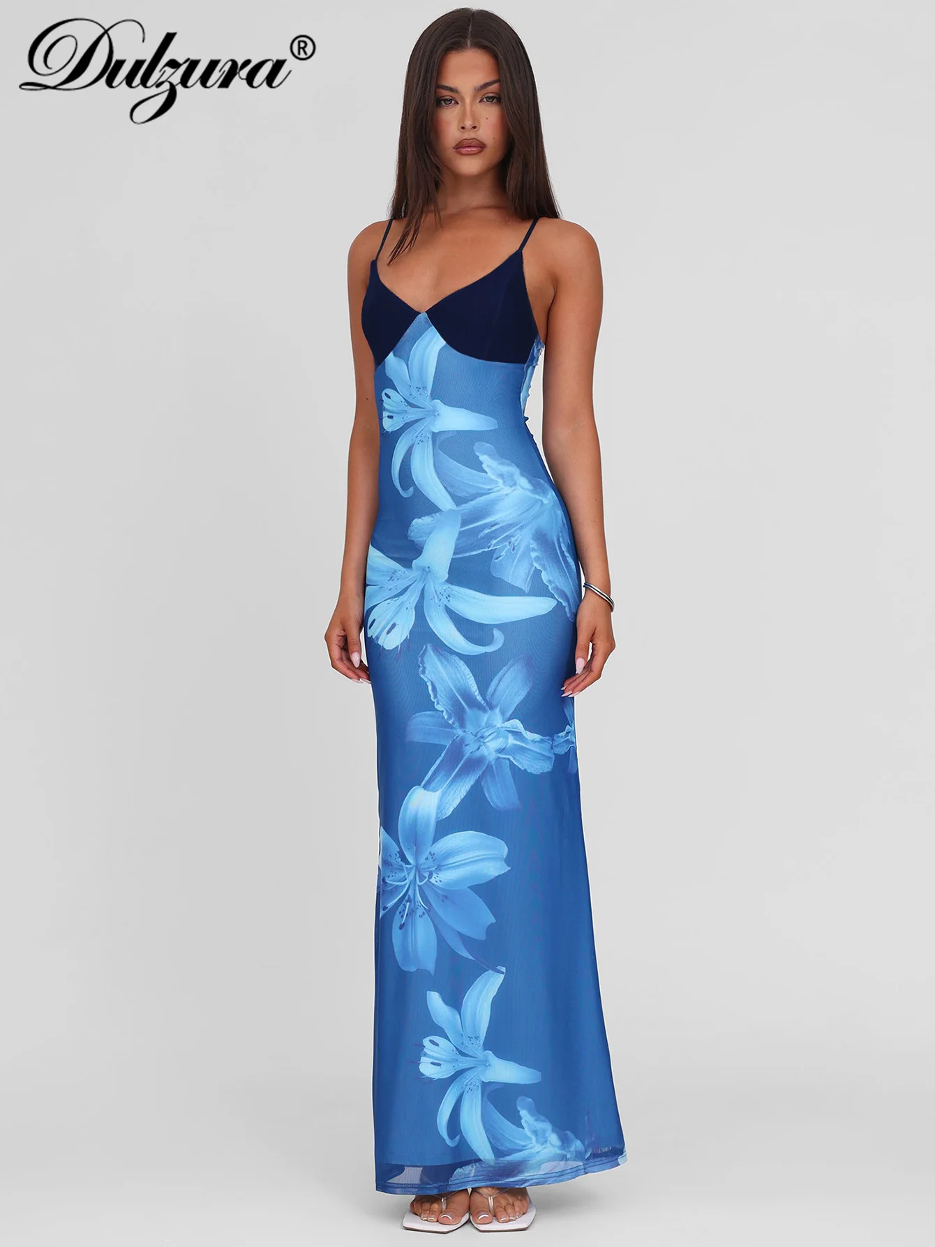 Dulzura sans manches dos nu moulante Patchwork imprimé maille Cami longue robe Sexy élégant décontracté robe Maxi fête Club tenue d'été