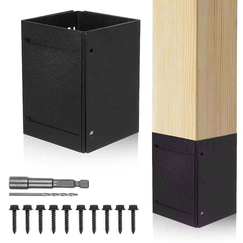 Stainless Steel Post Protector Kit, Heavy Duty Scratch Resistant Fence Post Cover, Adjustable Deck Railing Post Base