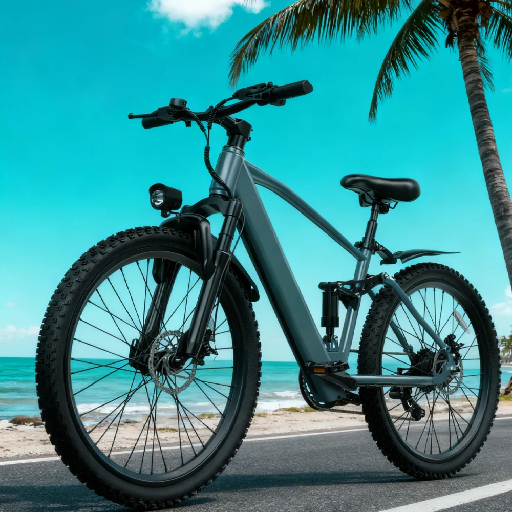 

26-inch electric bicycle, 7-speed gear system, front suspension, dual-brake system, ideal for urban commuting.