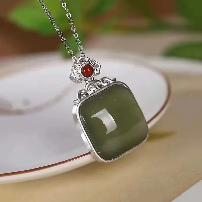 Natural Hotan Jade Ruyi auspicious clouds Green Square pendant inlaid 925 silver necklace Classic style clavicle chain jewelry