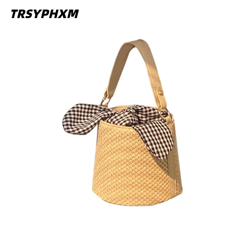 

TRSYPHXM 2025 New Bow Grid Water Bucket Straw Bag Fashionable and Versatile Single Shoulder Cross Straw Handheld Women's Bag