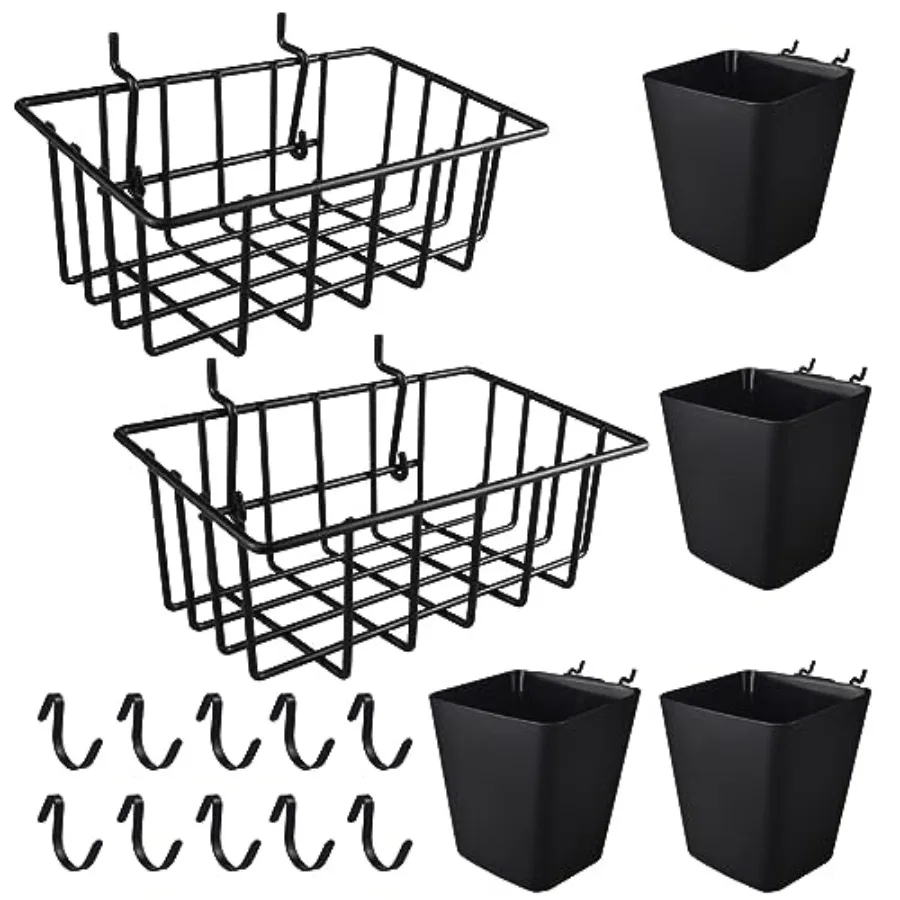 

Pegboard Bins Baskets Organizer with Peg Board Hooks Cups - 16 Pack Peg Accessories Fit 1/8" and 1/4" Pegs - Black Holders and
