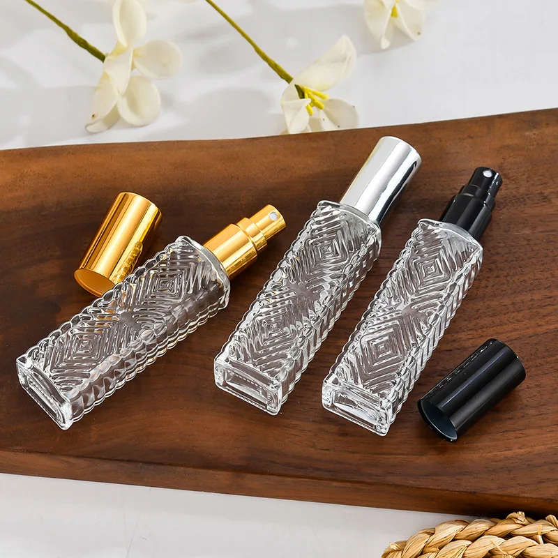 12ml Perfume Bottle Long Square Diamond Pattern Transparent Glass Spray Bottle Portable Cosmetic Sample Dispensing Empty Bottle