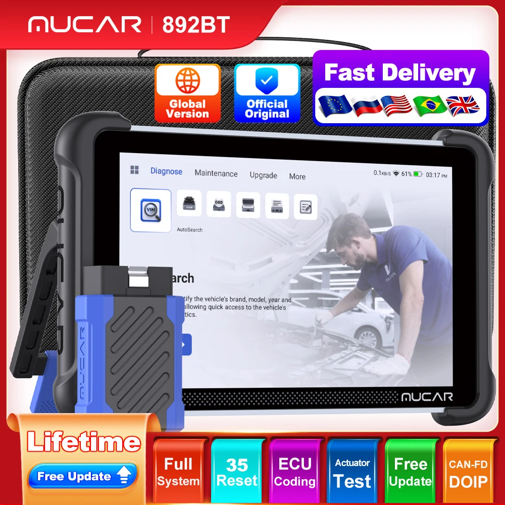 MUCAR 892BT Auto OBD2 Scanner CANFD DOIP Sistema completo Attuatore Test 35 Reset IMMO DPF OIL Strumento diagnostico per auto gratuito a vita