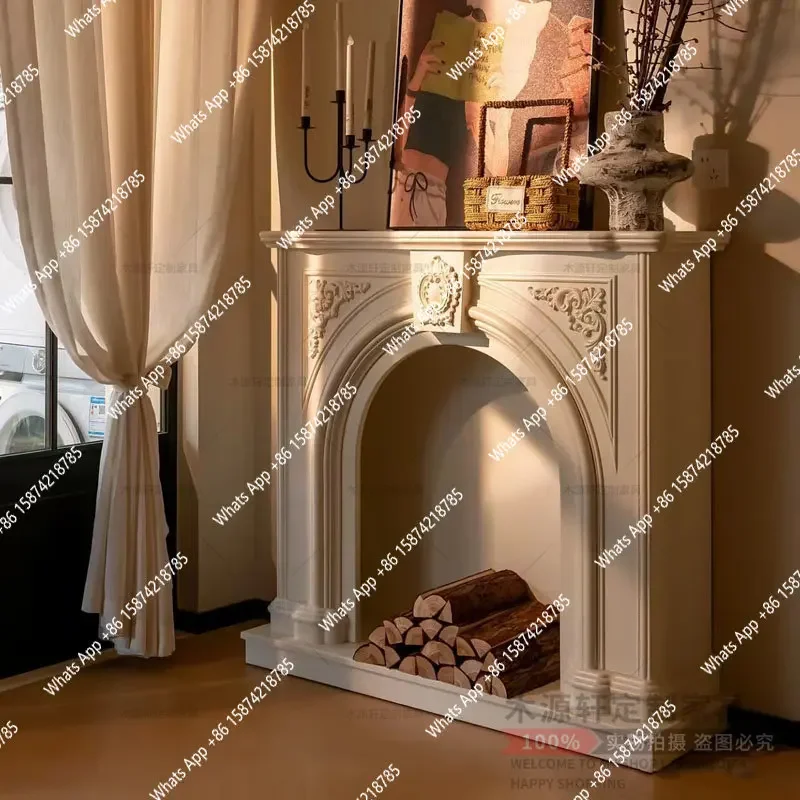 C French Solid Wood Carving Flower Fireplace Decorative Cabinet Cream Wind Living Room Warm White Arched Closet Design Porch Rac