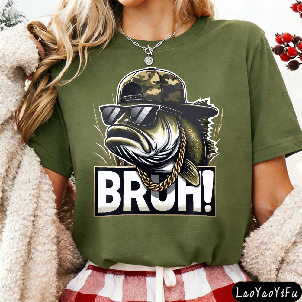 Bruh Fish Graphic Women T-Shirt Casual Cotton Short Sleeve Summer Fashion Top for Fishing Lovers Gift Idea Outdoor Fishing Tops