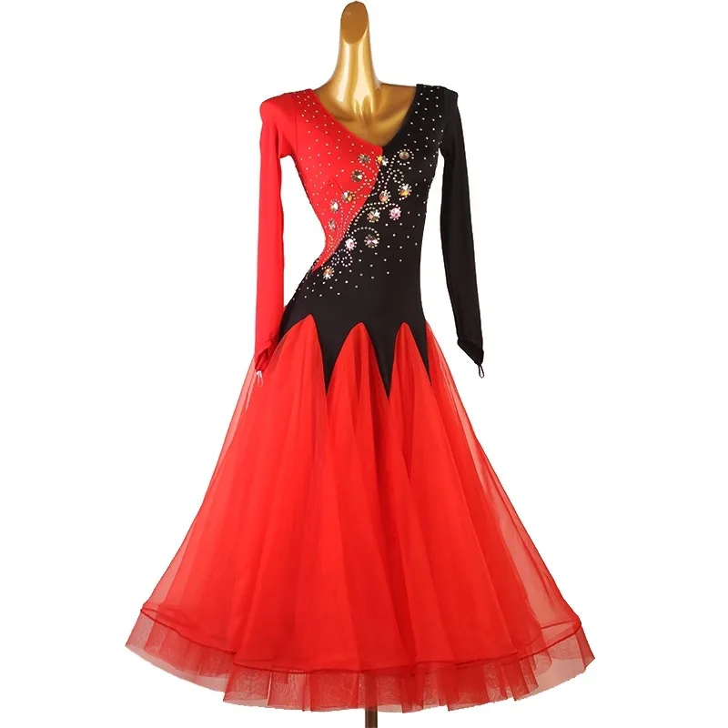 

Contrast Color Womens Clothes Evening Dress Stand Ballroom Dance Costume Girls Waltz Competition Practice Modern Stage Dancewear