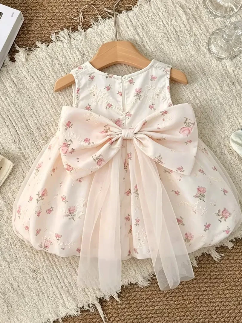 Cute Floral Girl's Dress Summer New Style Sleeveless Knot Mesh Sweet Princess Skirt Breathable Comfortable Standard...