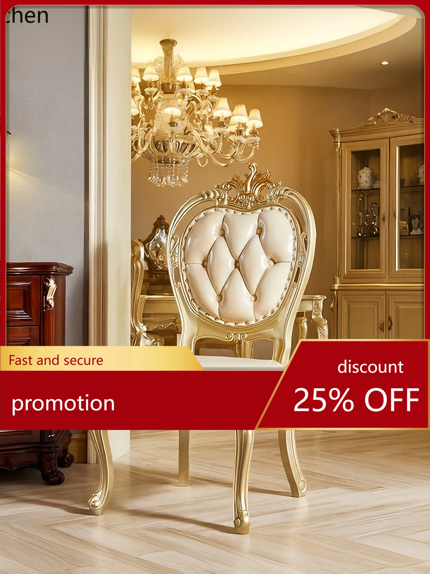 HXL Solid Wood Dining Chair with Soft Backrest gold Double-Sided Carved Dining Table and Chairs