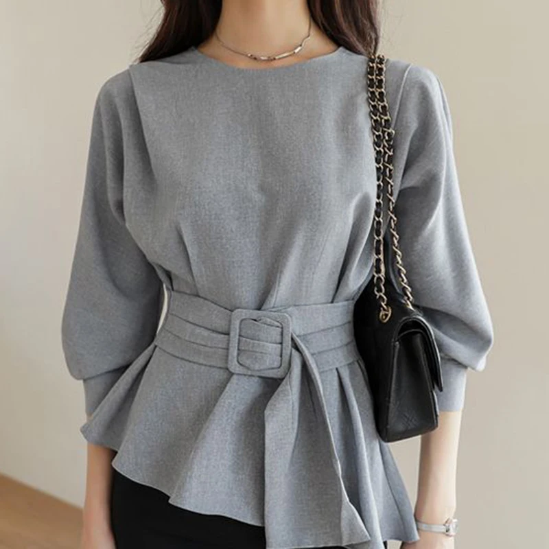 Top women's summer round neck design sense niche waist cinched seven quarter sleeve shirt women's shirt