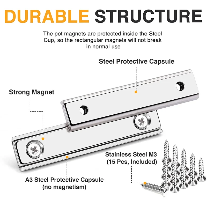 Ímã de barra de neodímio de 15 unidades com furos escareados, ímã de pote retangular de 70 lb, resistente com parafusos - 60X13,5X5mm