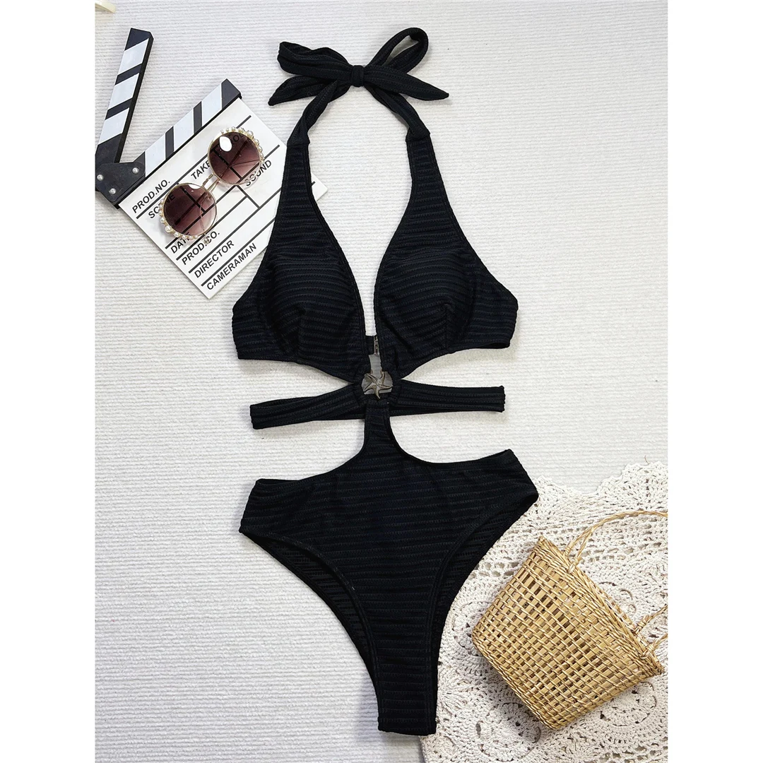 V-Ausschnitt, Cut-Out-Design, Neckholder, gerippter Damen-Badeanzug, einteiliger Badeanzug, Damen-Monokini, hoch geschnitten, gepolstert, Badebekleidung, Badeanzug, Modell V6372. – Detail 9