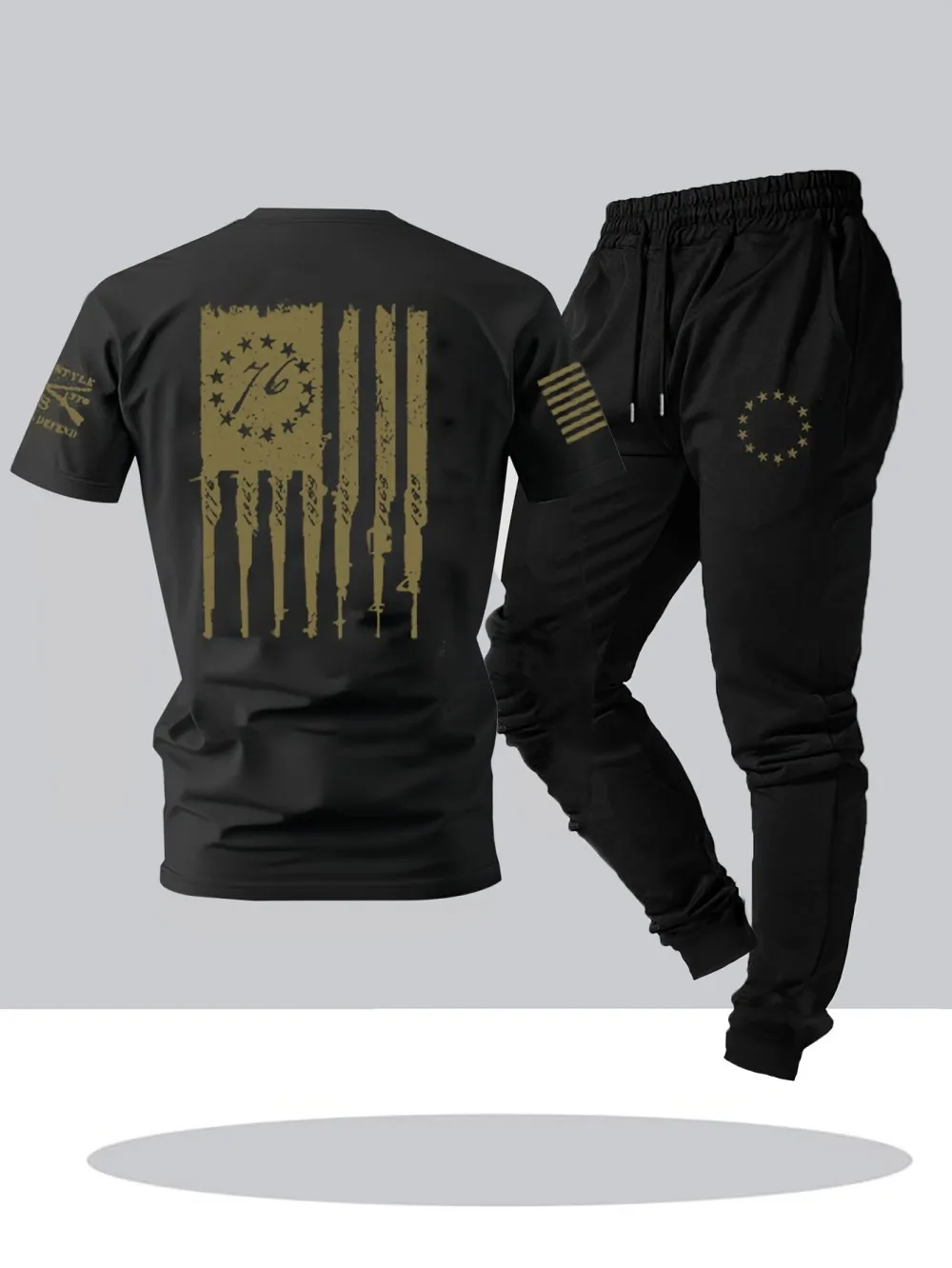 Men's Summer American New 76 Printed Breathable Micro Elastic Round Neck T-shirt Pants Set Outdoor Casual Fashion