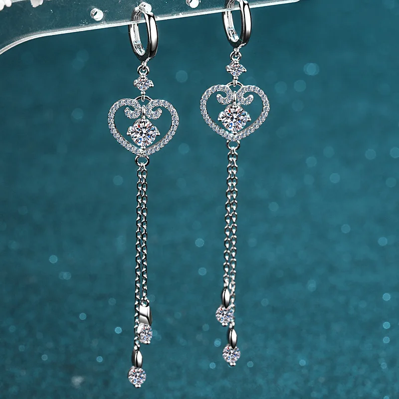 18K gold moissanite1carat  earrings female celebrity style love tassel ear jewelry plated pt950 platinum earrings gift