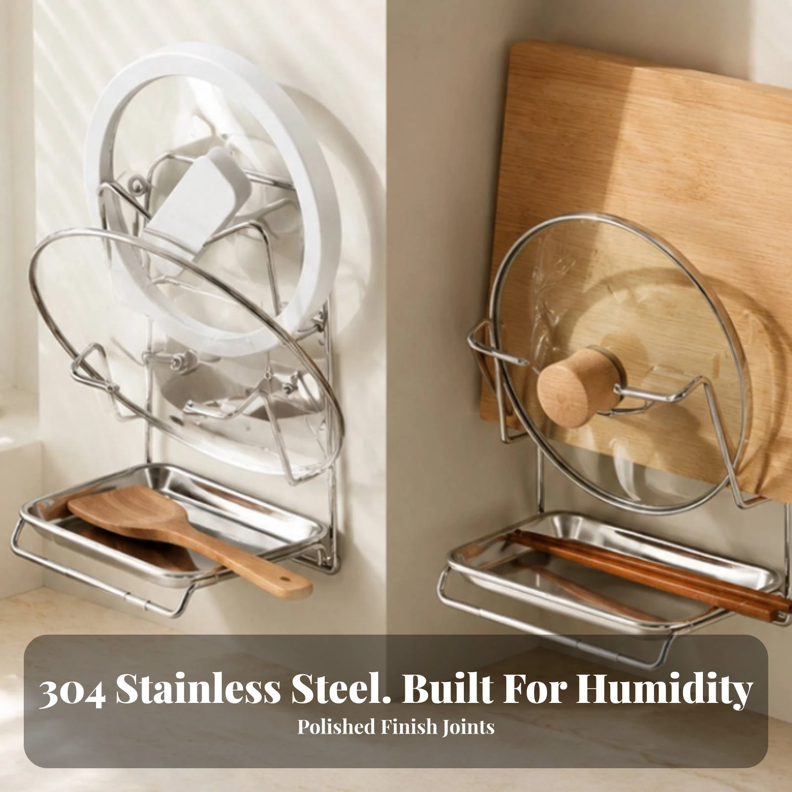 Pot Lid Rack with Catchment Tray Stainless Steel Pot-Lid Cutting Board Holder Kitchen Board Stand with Tray Countertop