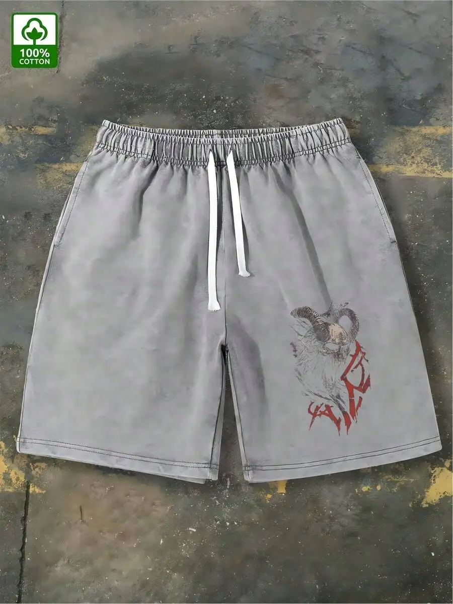 

Mens 100% Cotton Washed Loose Fit Shorts With Graphic Print For Outdoor Casual Wear
