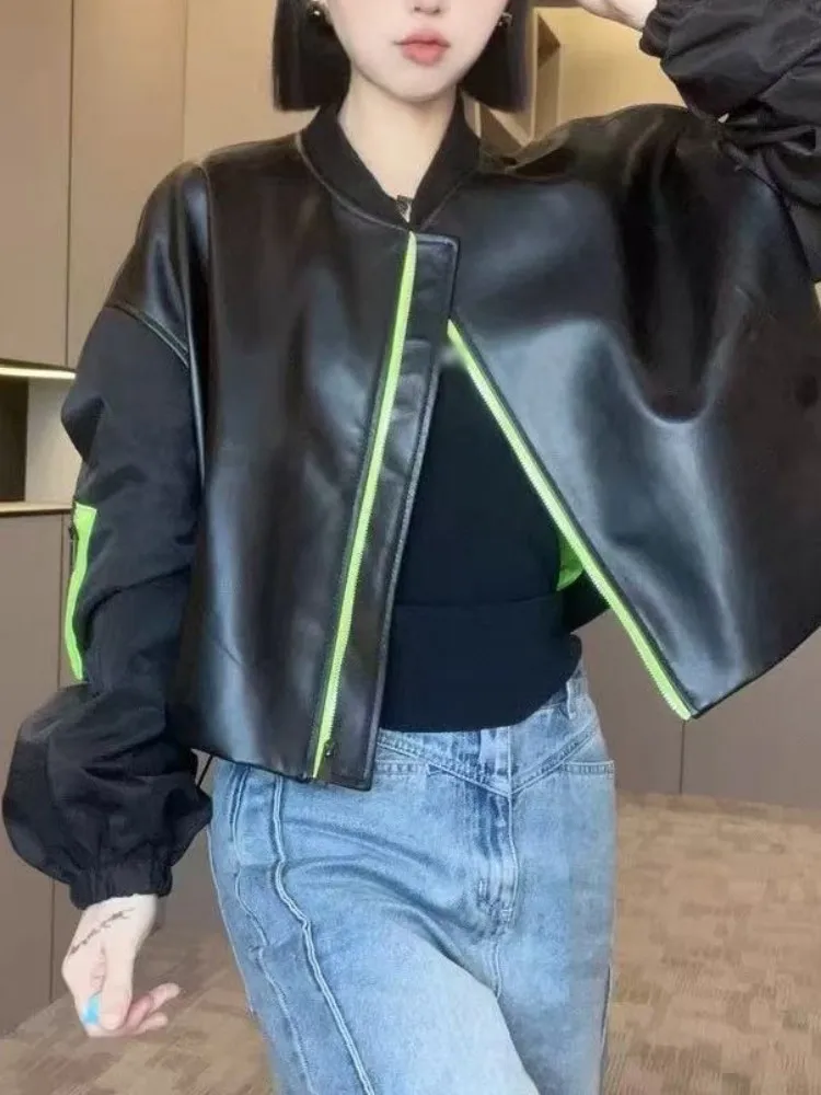 Leisure Style Ladies Solid Color Genuine Leather Jacket Loose Sheepskin Pocket Zipper Long Sleeves Top Quality Outerwear