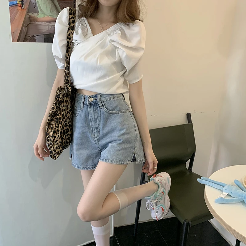 Light Wash Slit Denim Shorts Women's 2023 New plus Size Loose Slimming Student Versatile A-Line Wide Leg Pants
