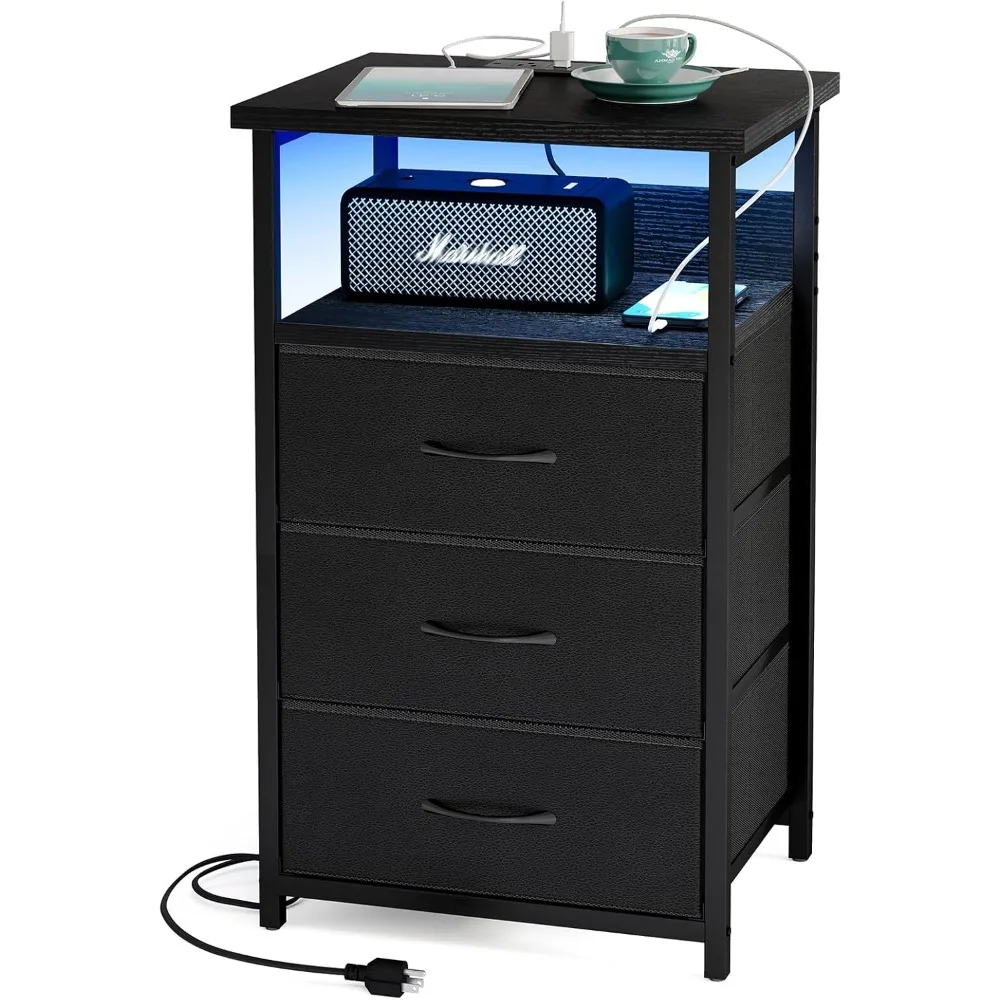 Night Stand with Charging Station, LED Nightstand with U-S-B Ports and Outlets, 3 Fabric Storage Drawers with PU Finish,