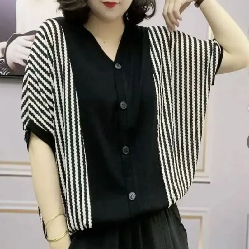 Elegante camicetta a maniche a pipistrello estate allentata a righe Patchwork abbigliamento femminile camicia monopetto Casual coreana con scollo a v