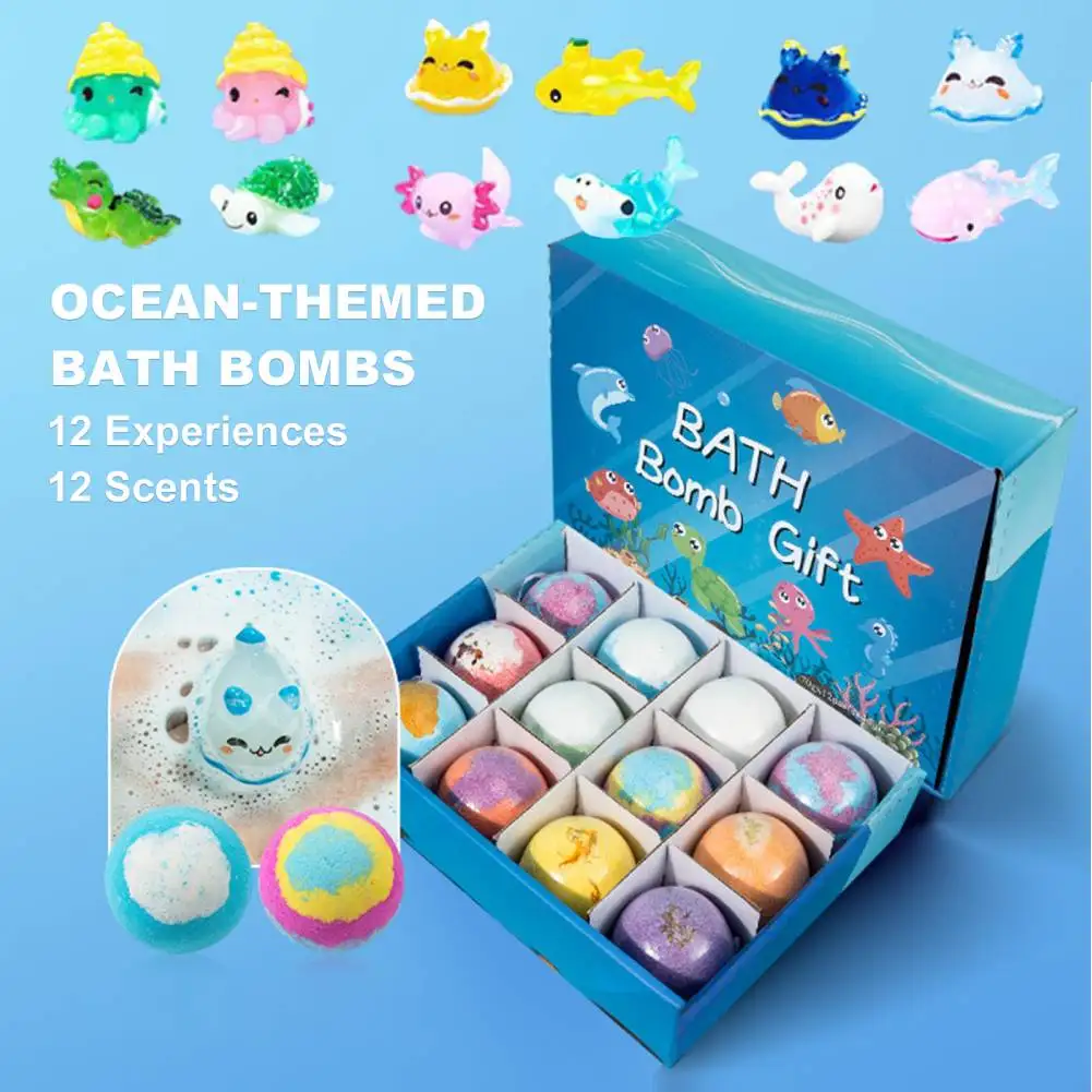 子供用バスボムセット-12個入り-サプライズおもちゃ入り-–-暗闇で光る天然オーガニックソルトフィズボール、子供のバスタイムに楽しいギフト