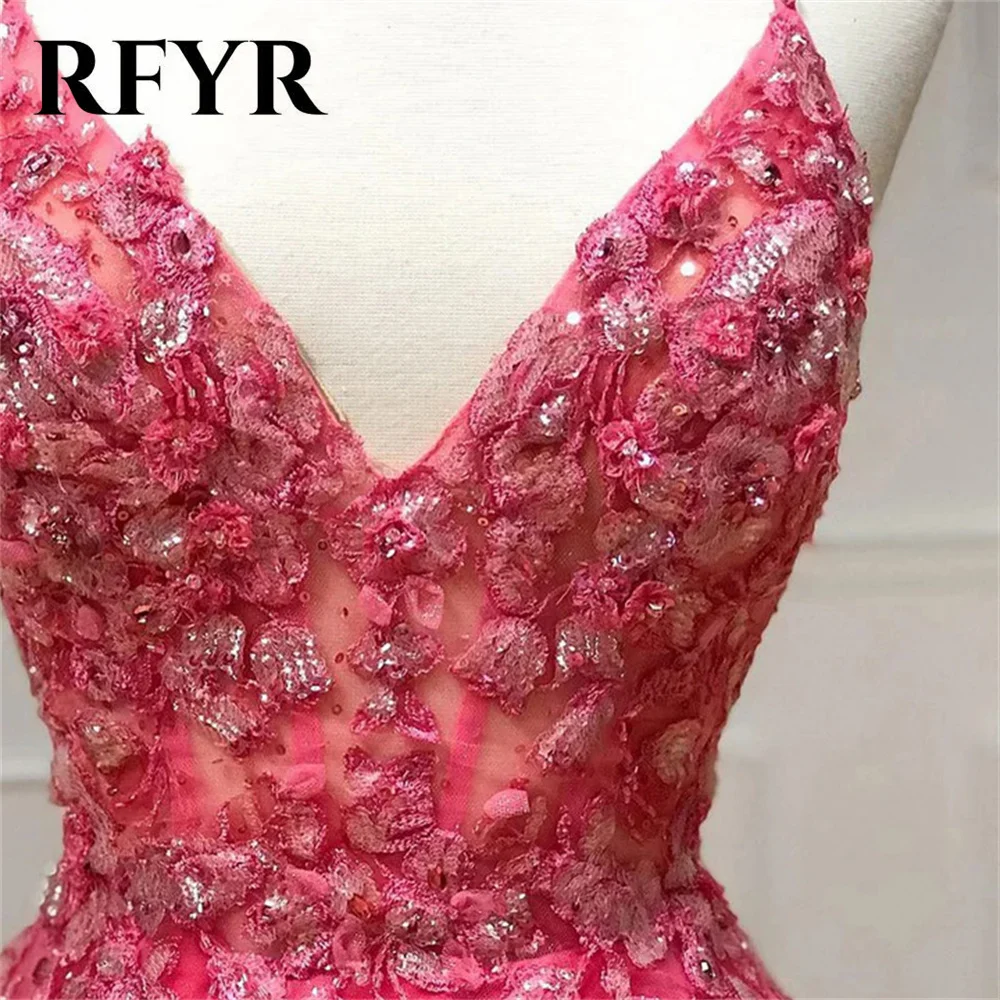 RFYR Appliques Beading V Neck Evening Dresses Hot Pink A Line Prom Dress Spaghetti Strap Party Dress Exquisite Net فساتين السهرة