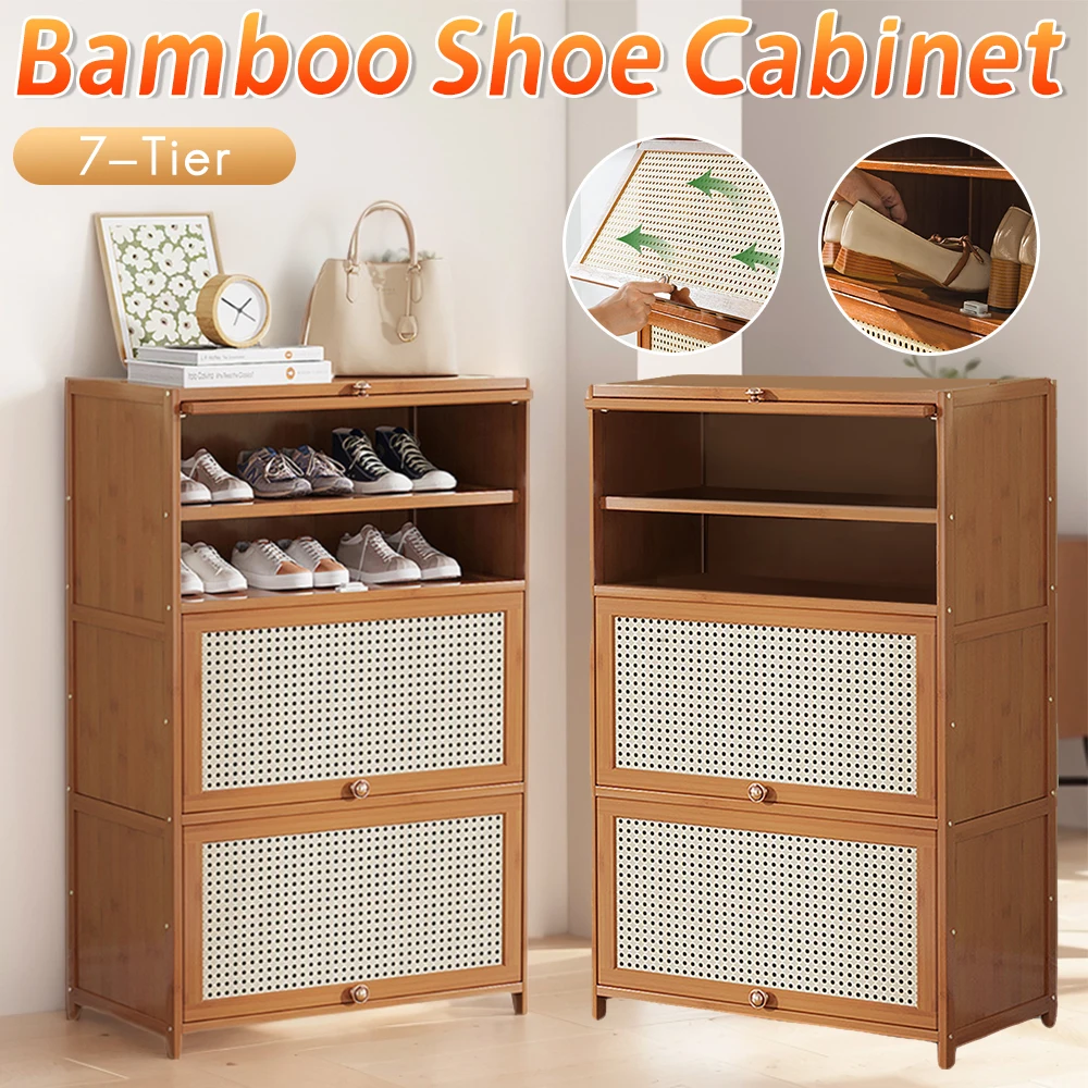 

7-Tier Bamboo Shoe Storage Shelf with 2 Flip Drawers & Door Narrow Entryway Cabinet Sealed Design 22.05-33.07Lbs Per Shelf Load