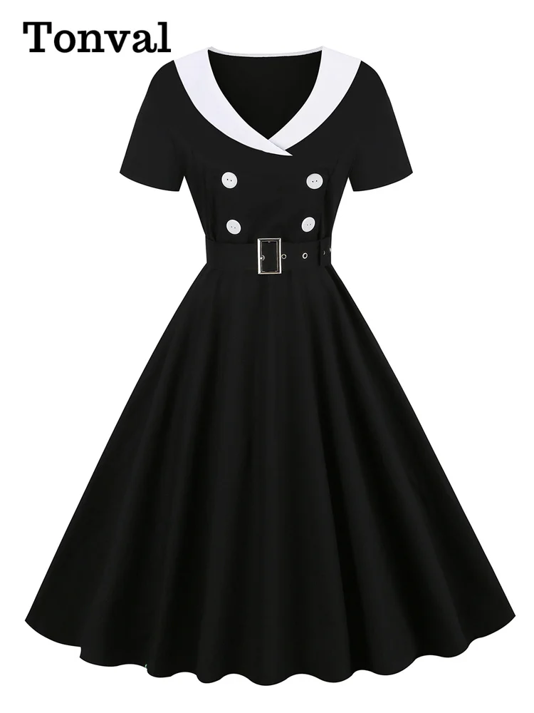 Tonval 1950s Women Vintage Summer Shawl Collar Double-Breasted Belted Elegant Dress Short Sleeve Cotton Midi Dresses 2026