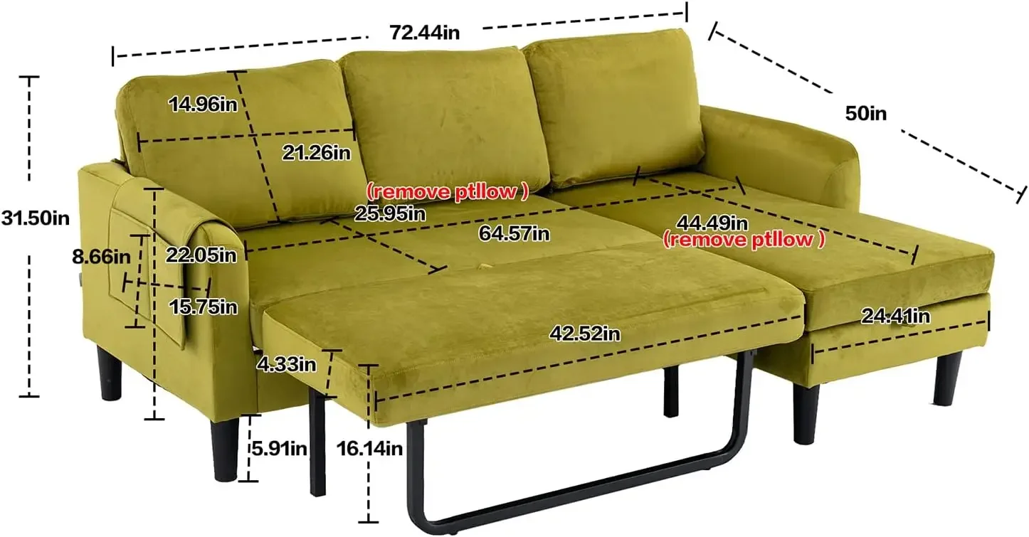 Sleeper Couch with Storage and Pocket, Sectional 3 Seat Couch for Living Room Furniture or Office, Smooth Back - Olive