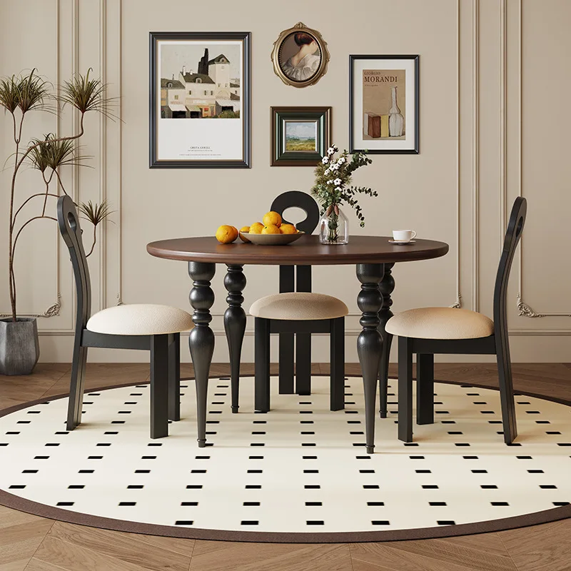 

French cream style solid wood dining table and chairs American retro round table round dining all solid wood
