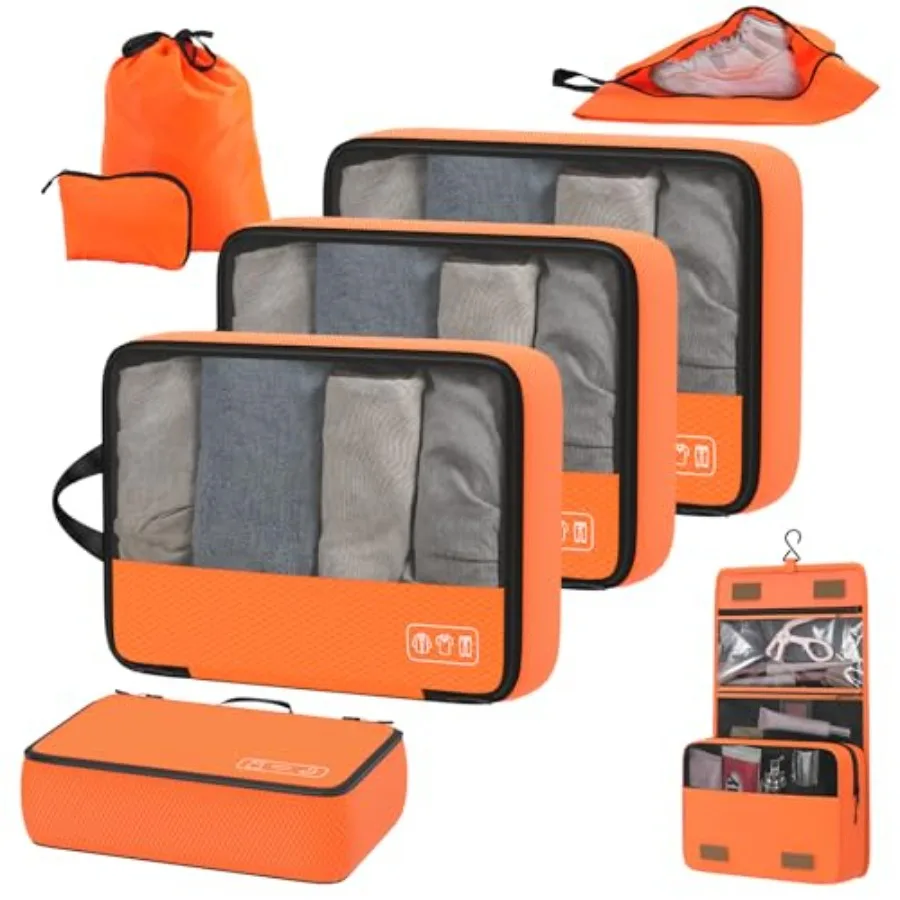 

Набор из 8 компрессионных упаковочных кубов для путешествий, ярко-оранжевые, легкие, система организации багажа, экономия места для рюкзаков и дорожных сумок